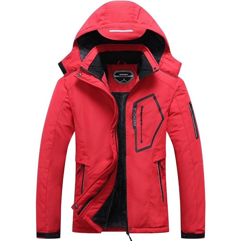 Women's Red Waterproof Winter Hooded Raincoat Fabric Ski Snow Jacket Coat